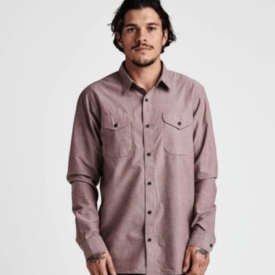 New Roark Roark Well Worn Long Sleeve Organic Button Up Shirt – Wine Red